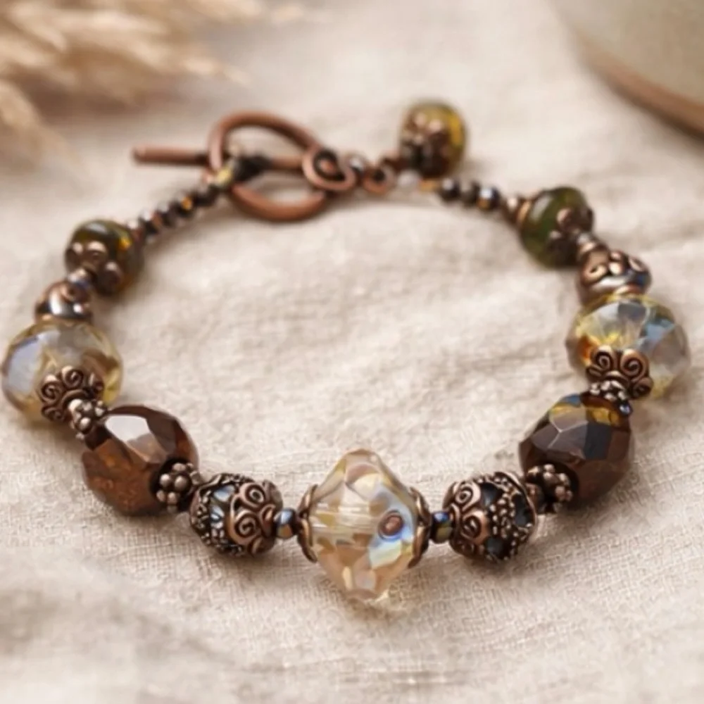 Vintage Glass Crystal Beaded Bracelet Boho Copper Toggle